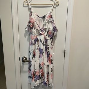 White Floral Chiffon Cold Shoulder Dress, NEW